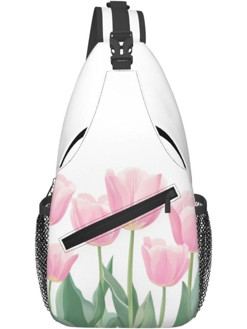 Unisex White Pink Butterfly Sling Backpack Hiking Chest Shoulder Crossbody Bag
